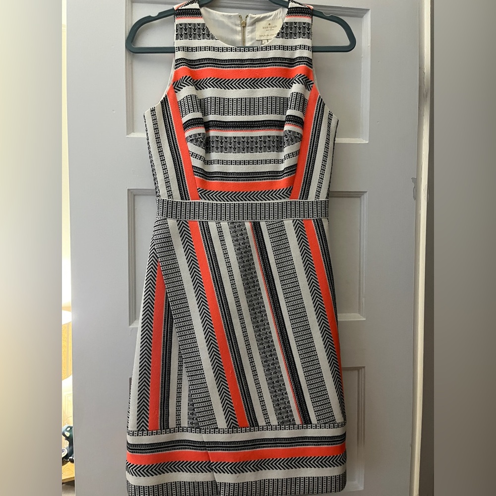 Kate Spade ribbon jacquard dress white, black and bright orange stripes